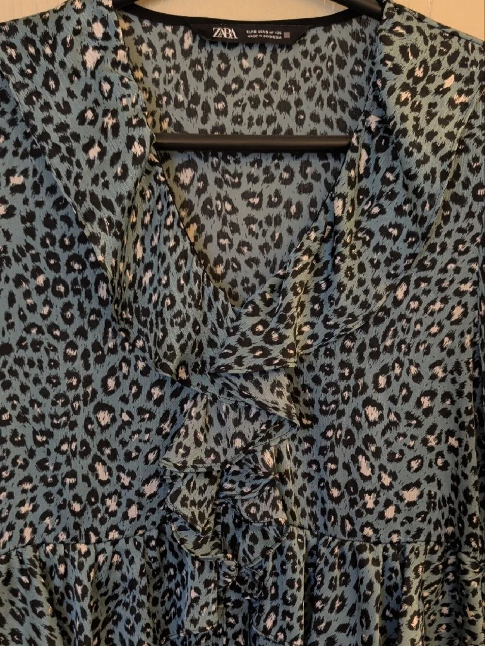 Zara Teal Black Leopard Print Ruffle Button Down Tunic Dress Size S